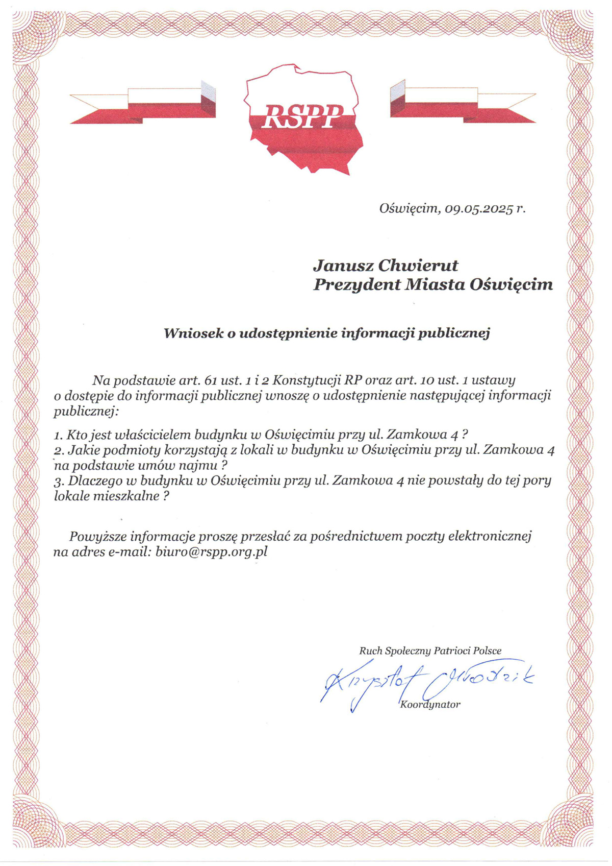 Pismo do Prezydenta Miasta